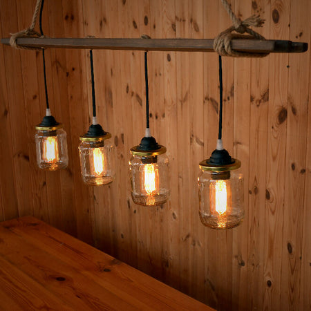 Pendant wooden lamp of a canning jars