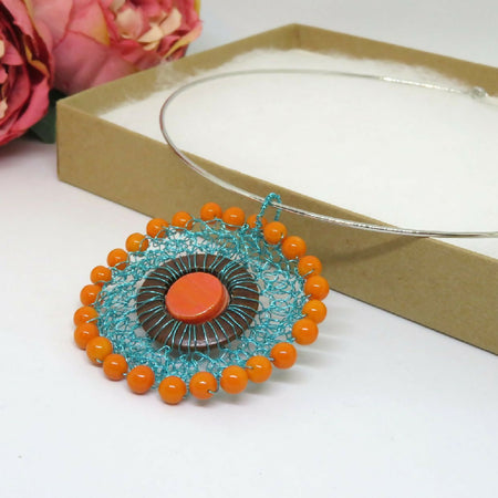 Crochet Wire Turquoise Orange Beaded Large Pendant on Choker