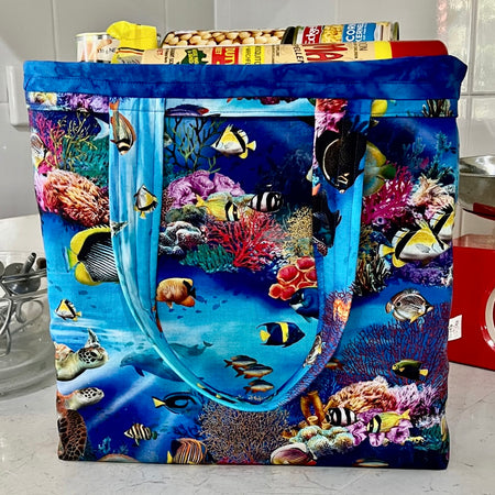 Grocery Tote .. Fish .. Lined with storage pouch