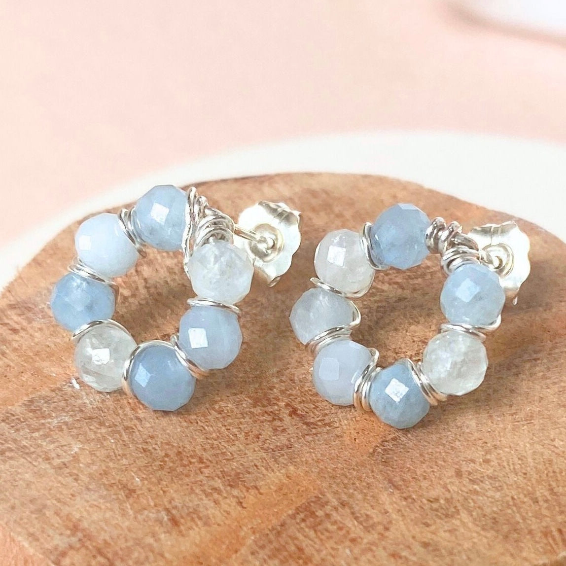 Natural aquamarine beaded stud earrings | Sterling silver | March birthstone