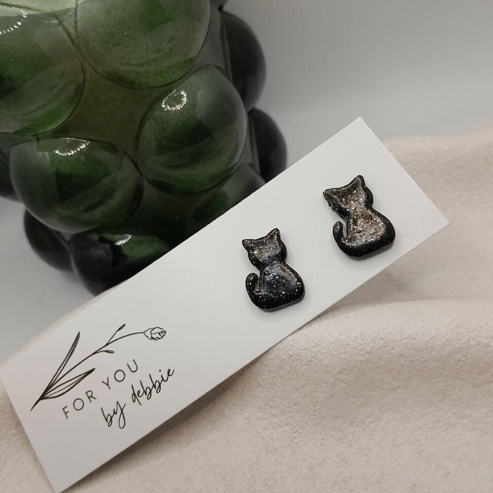 Black Glitter cat stud earrings- hypoallergenic