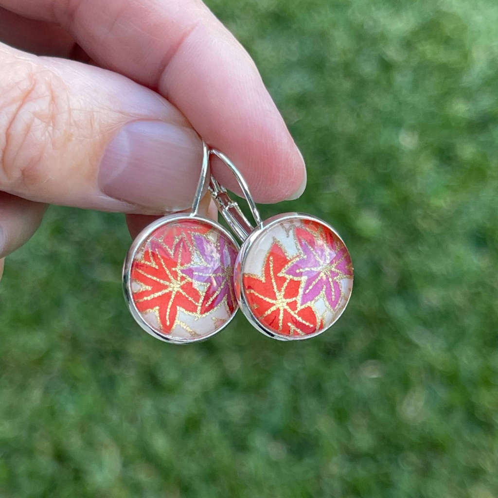 Orange Earrings Handmade with a Leaf Pattern from Origami Papers