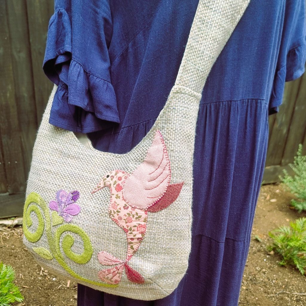 Sadie Jane upcycled hobo bag - hummingbird applique