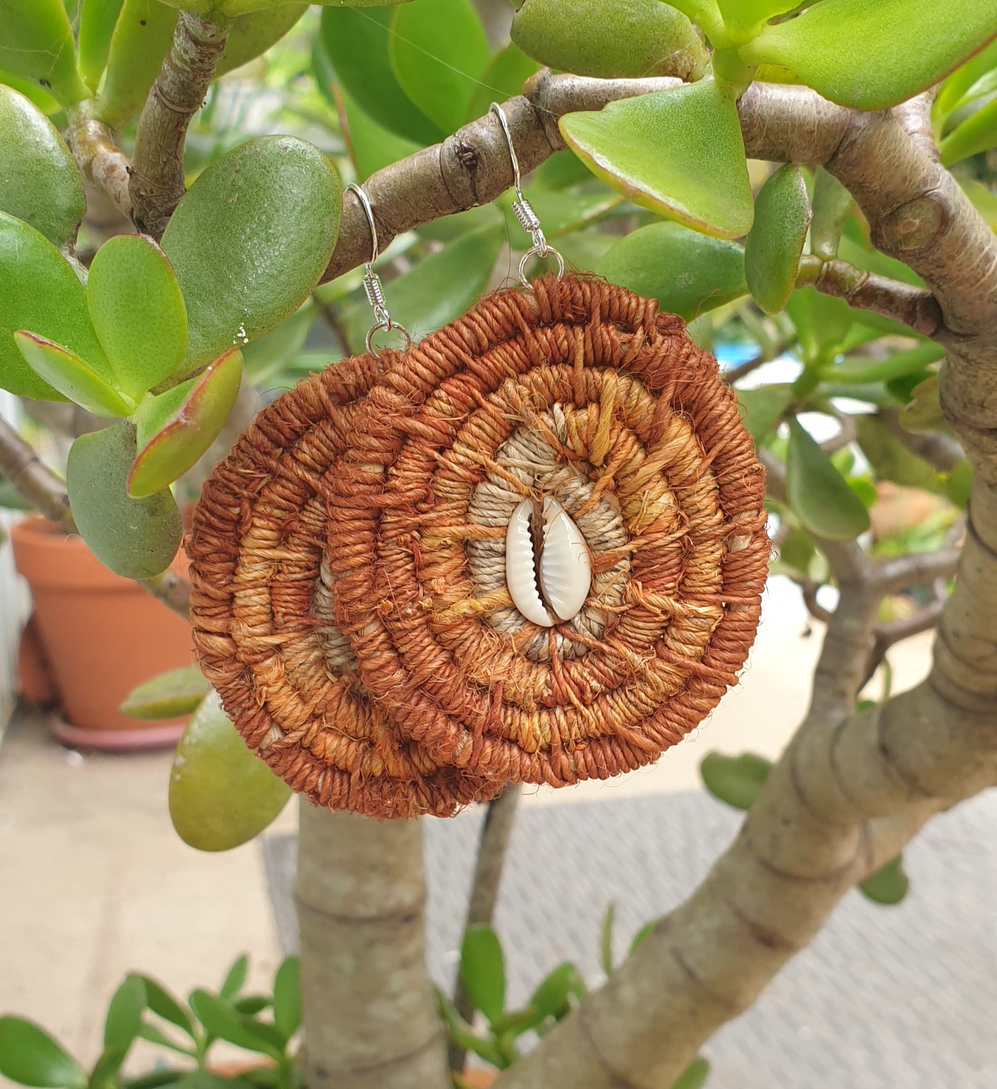 Handmade, raw hemp,cowrie shell, coil earrings