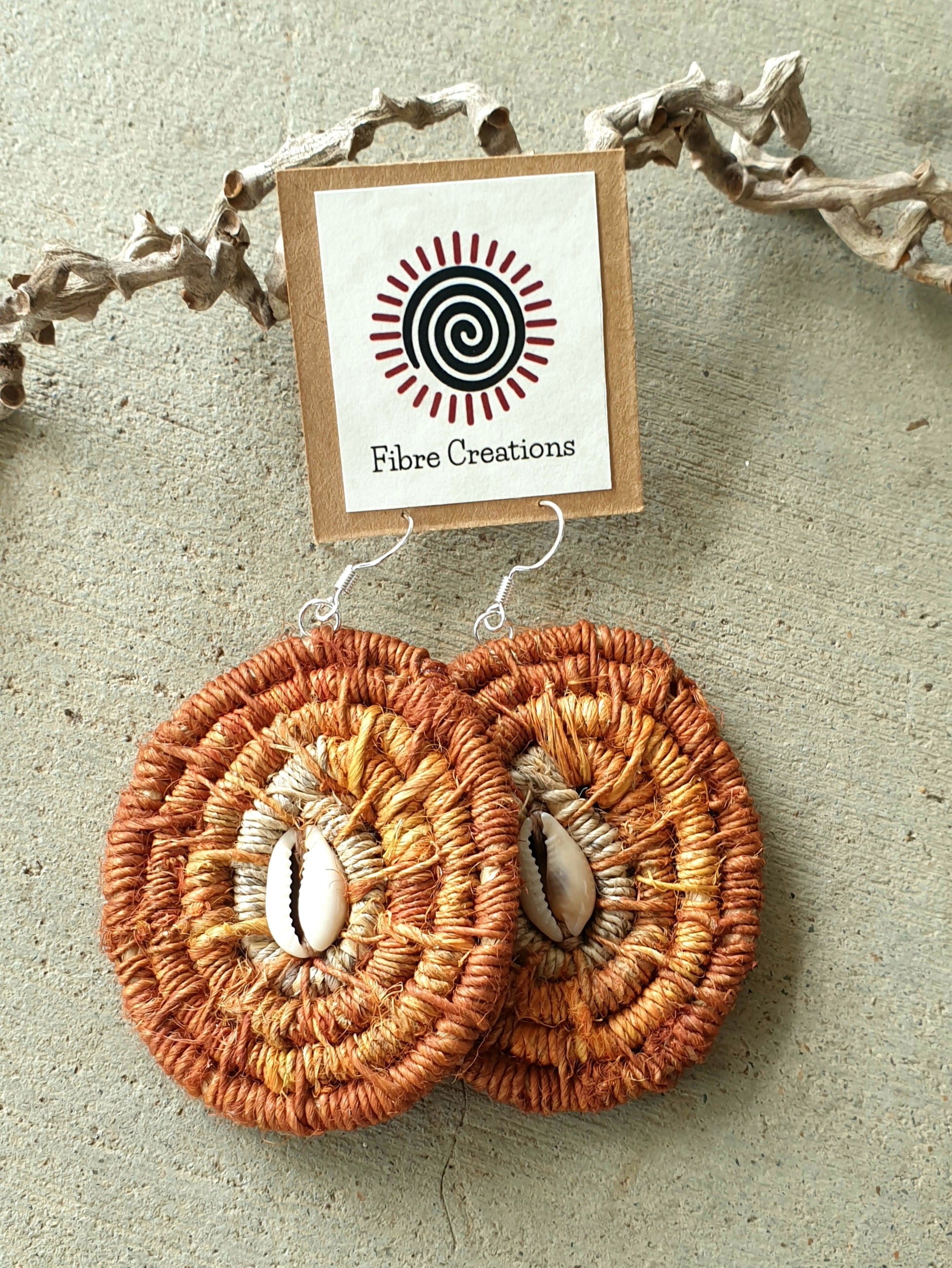 Handmade, raw hemp,cowrie shell, coil earrings