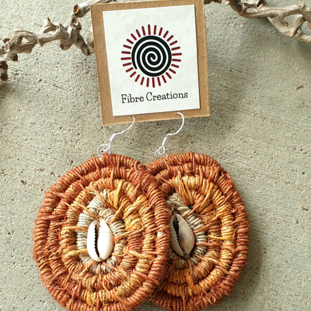 Handmade, raw hemp,cowrie shell, coil earrings