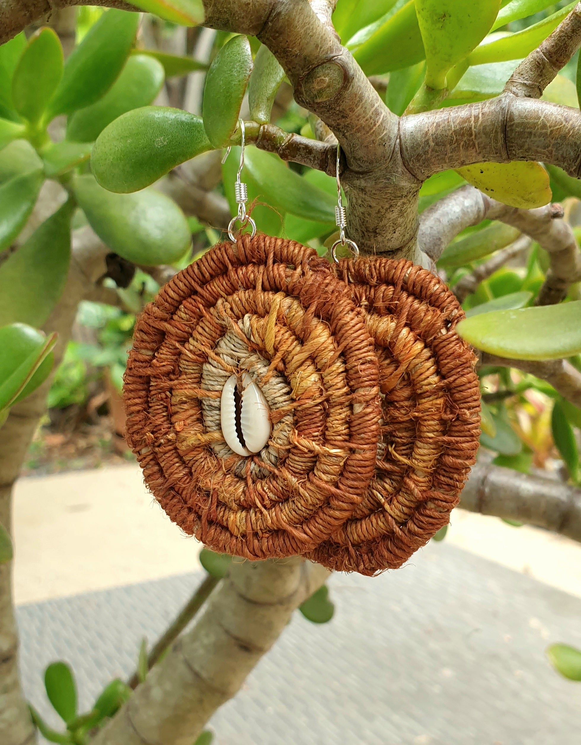 Handmade, raw hemp,cowrie shell, coil earrings