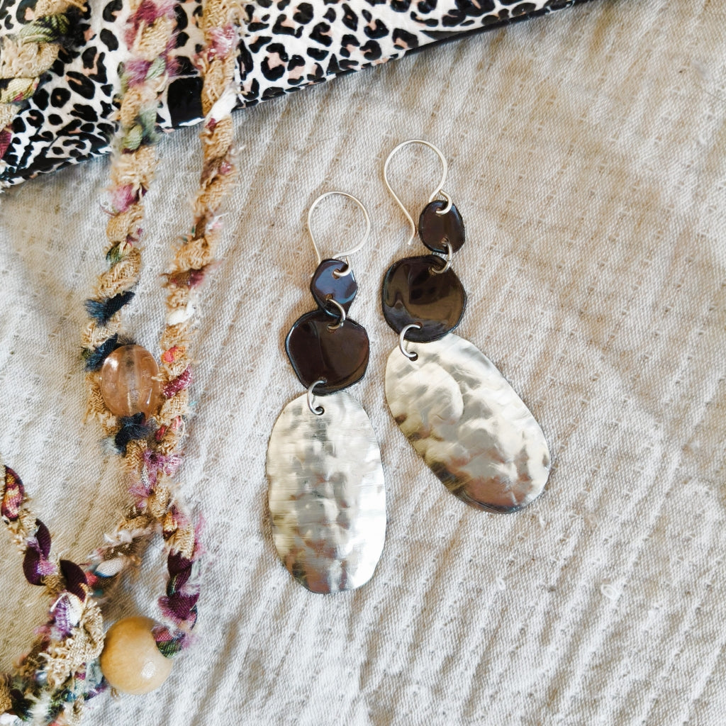 Trash to Treasure Upcycled Mix Earrings - Ovals - silver brown
