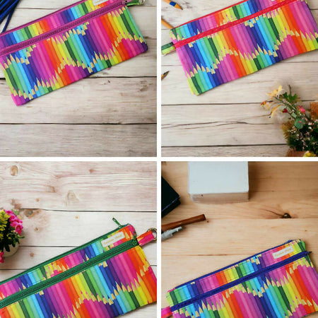 Handmade Pencil Design Coloured Double Zippered Pencil Case