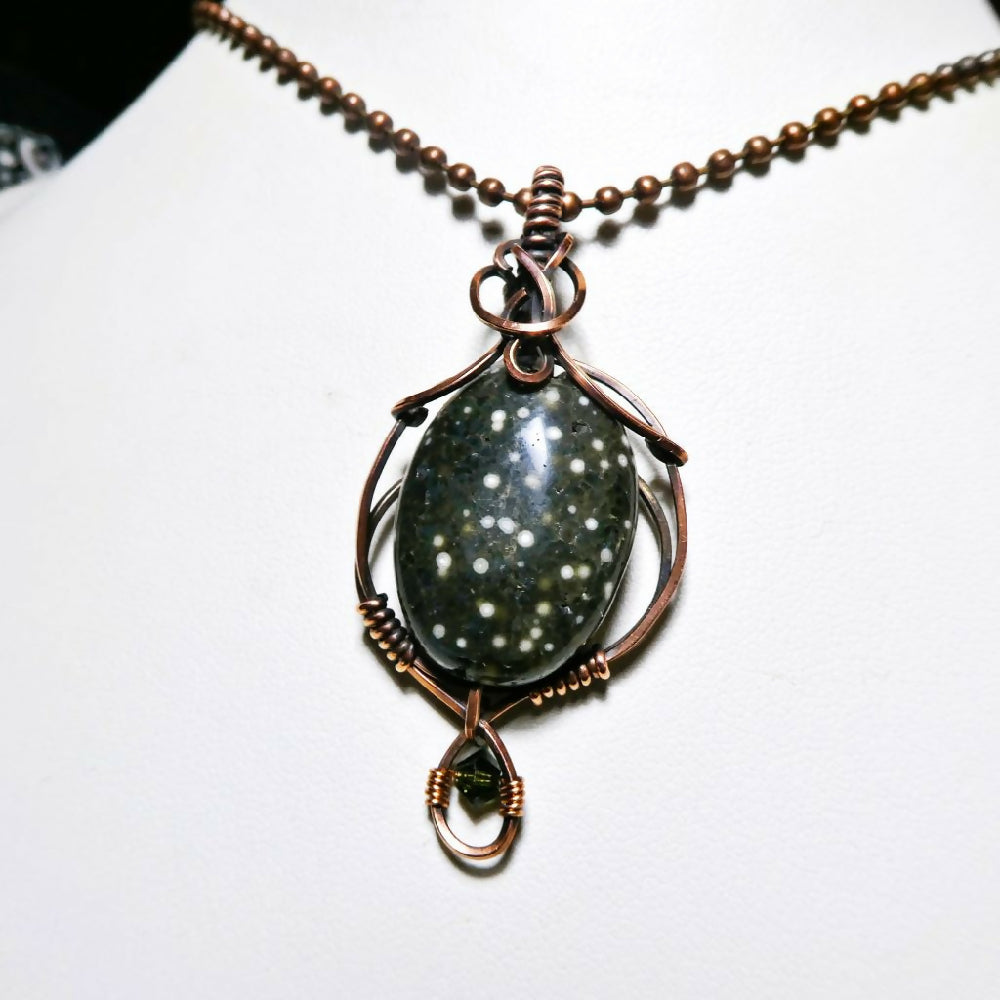 Dark green Ocean Jasper pendant copper wire wrapped