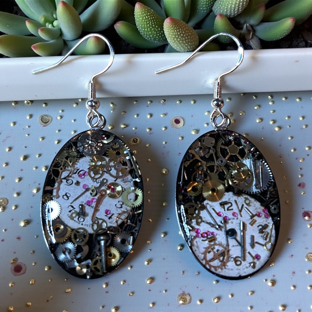 Steampunk watch parts oval dangle earrings (silver)