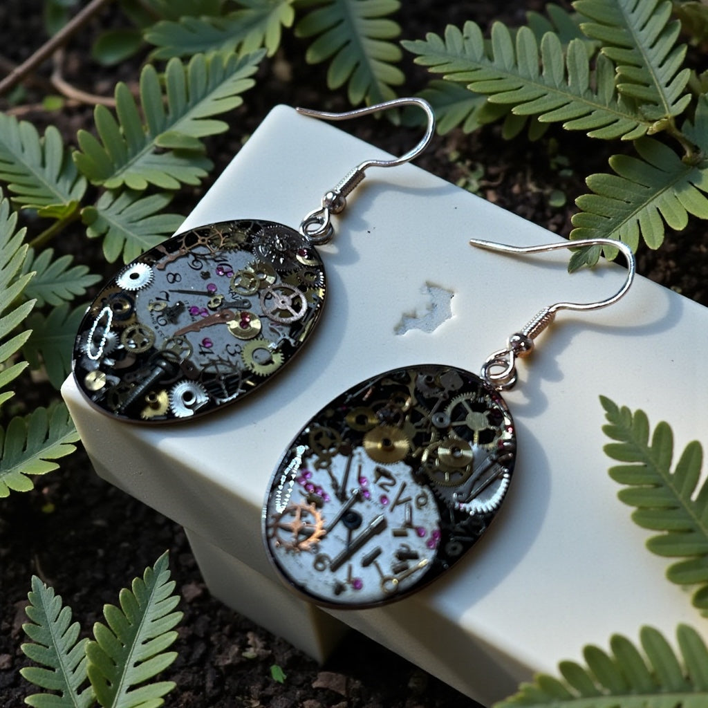 Steampunk watch parts oval dangle earrings (silver)