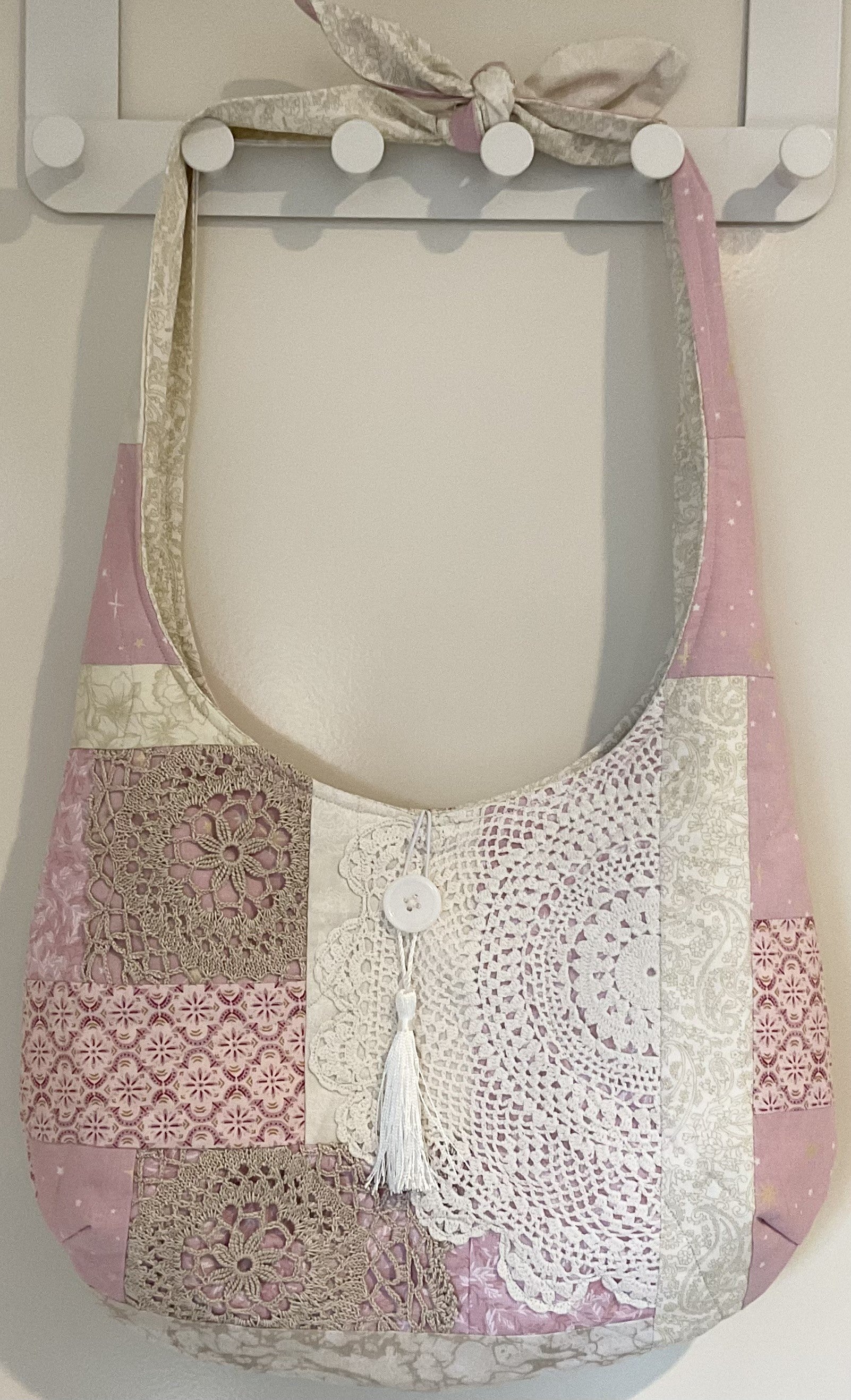 Patchwork and Crochet Slouch Shoulder Bag Pink