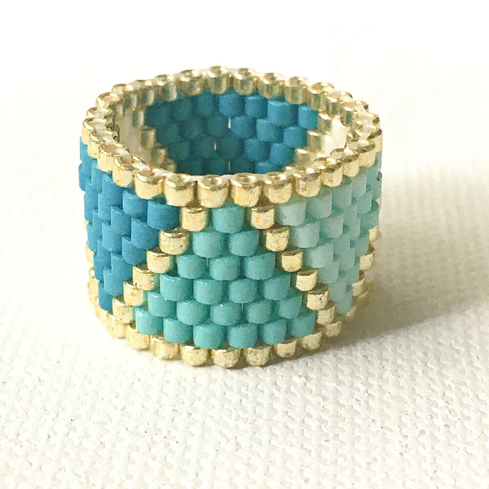 Geometric ring, blue, turquoise, white, gold peyote beaded ring