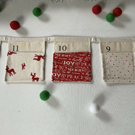 Christmas Advent Calendar Fabric Bunting / Red and Cream