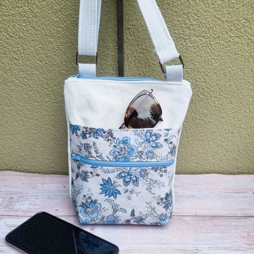 Upcycled small zip crossbody bag - Pale blue denim & abstract floral