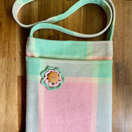 Upcycled Woollen Blanket - Cross Body Bag - Pink/Green