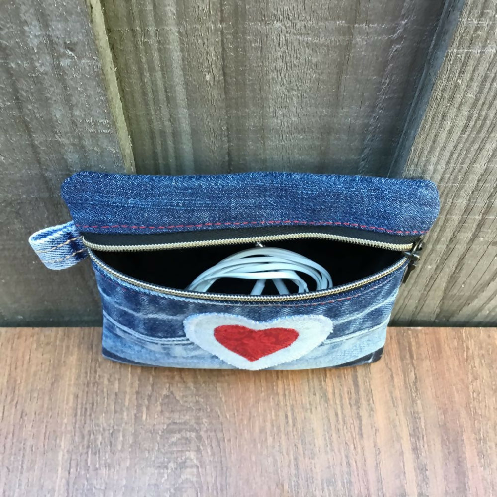 Upcycled Denim Coin Pouch - Denim & Red Heart