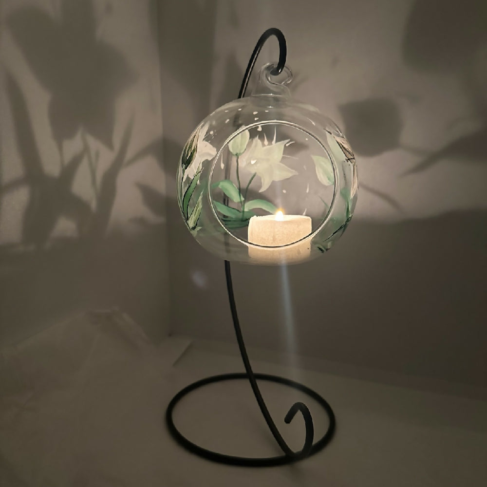 Glass Hanging Candle Holder Painted With Lilies