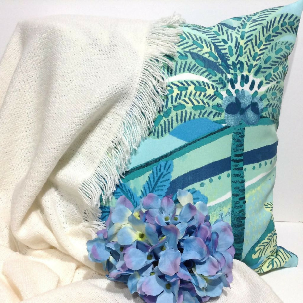 Green and blue palm design outdoor cushion cover. 45x45cm