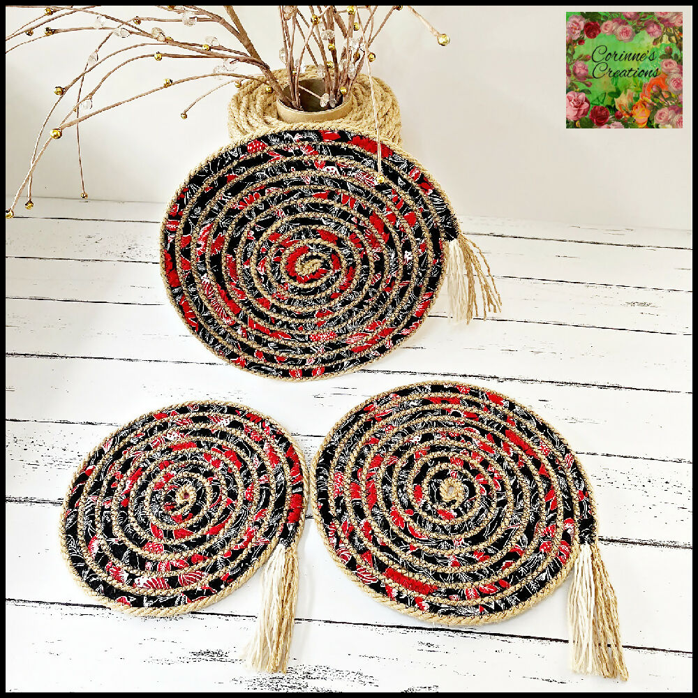 Decorative Table Mat Set - Trivet Hot Pot Protector - Red Black