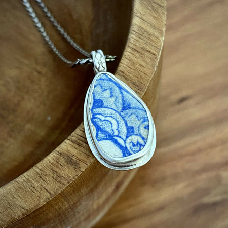 Sterling Silver Sea Pottery Bezel Set Pendant - Blue Mermaid Waves