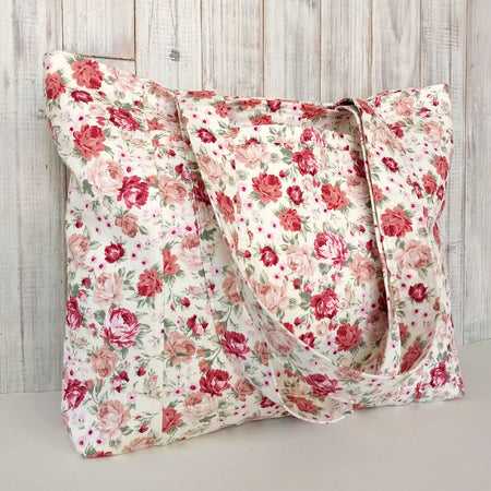 Cottage Roses large cotton floral tote bag with pockets