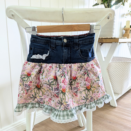 Girls Skirt Upcycled Denim Possums and Gingham Size 6
