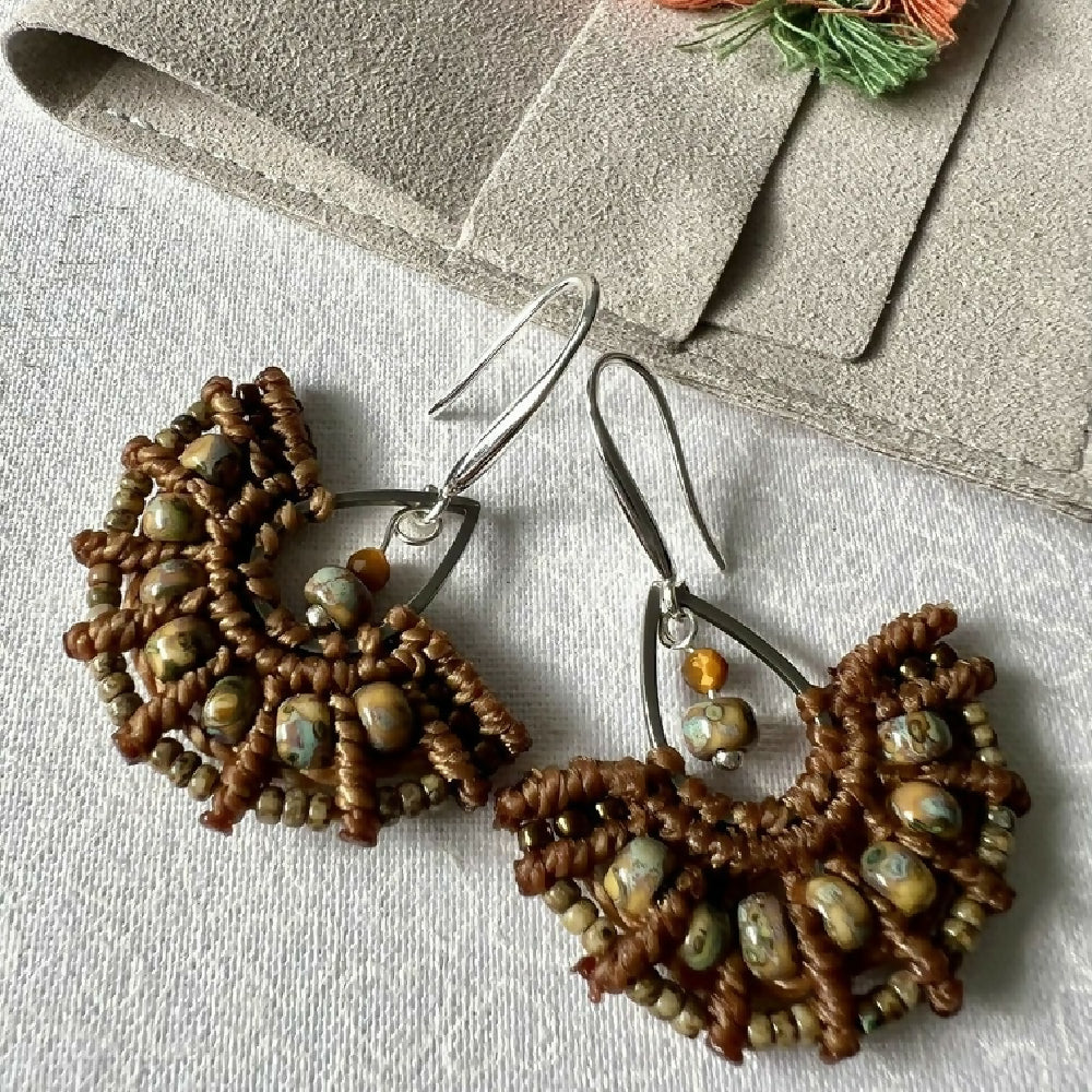 Brown Micro Macrame Earrings - Brown Miyuki +Free Microfibre Pouch