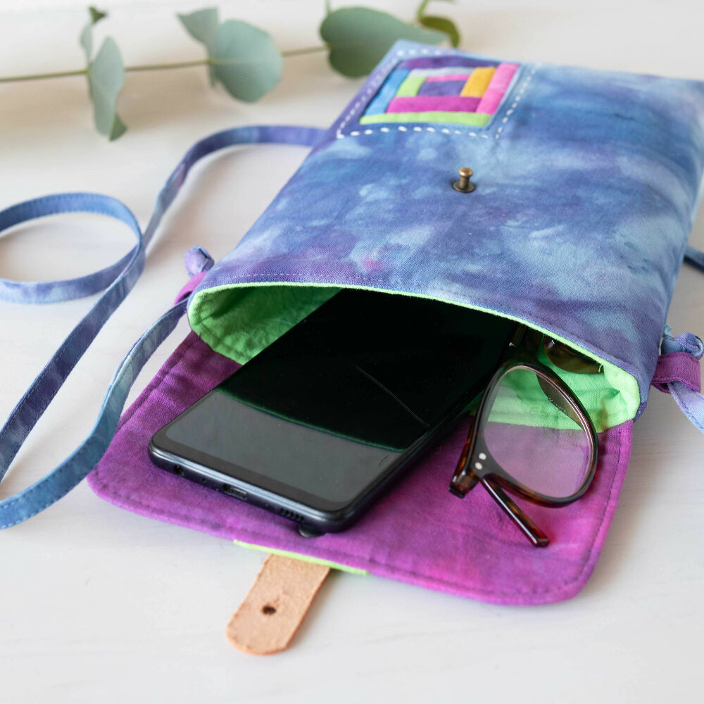 Ice Dyed Small Messenger/Cross Body Bag. Blue/Lilac