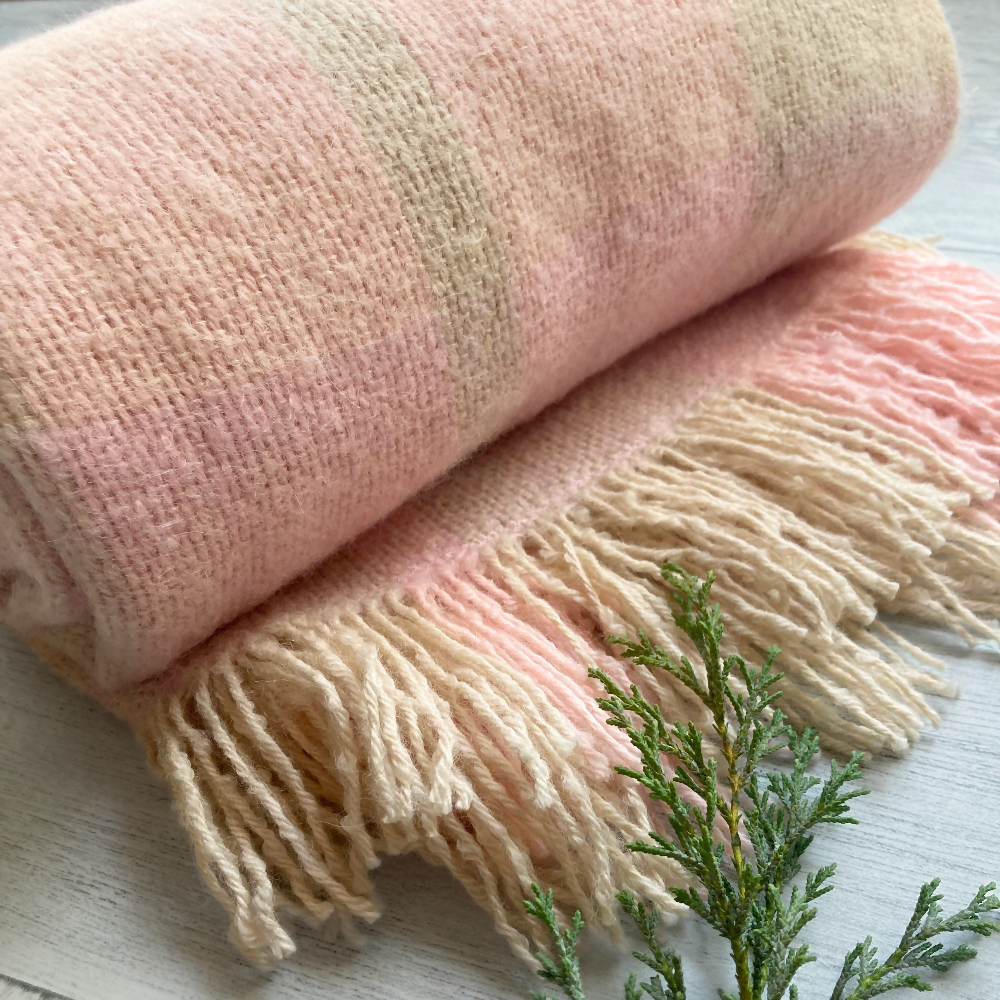 alpaca-scarf-shawl-handwoven-pink-cream-entangled-happiness-handwovens-rolled-frontview-fringe