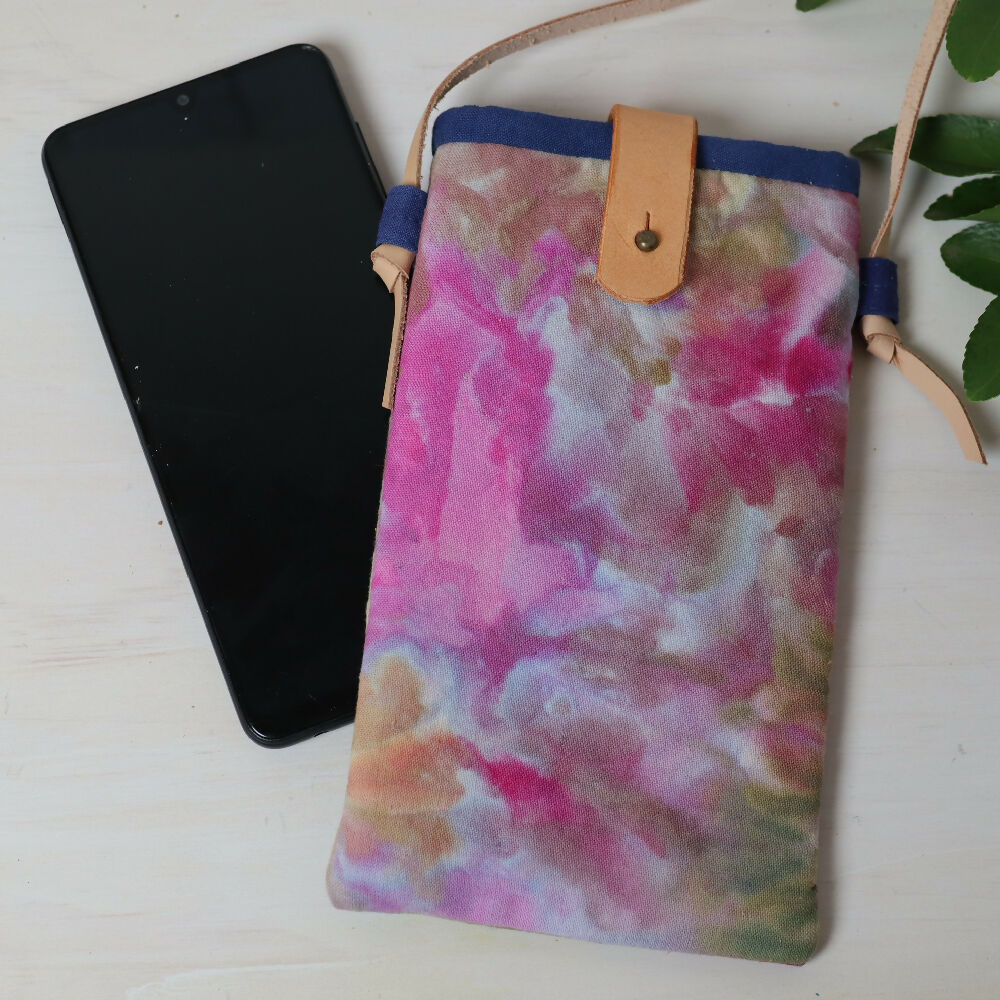 Ice Dyed Phone Carrier. Glasses Case. Pink and Soft Green