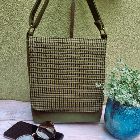 Upcycled crossbody messenger bag - olive green suede & tweed