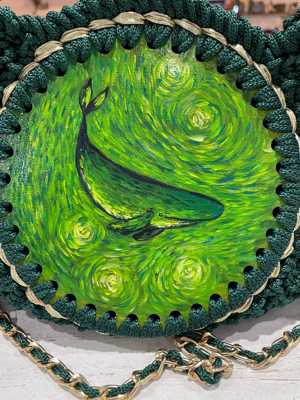 Green and Gold Whale Art Bag