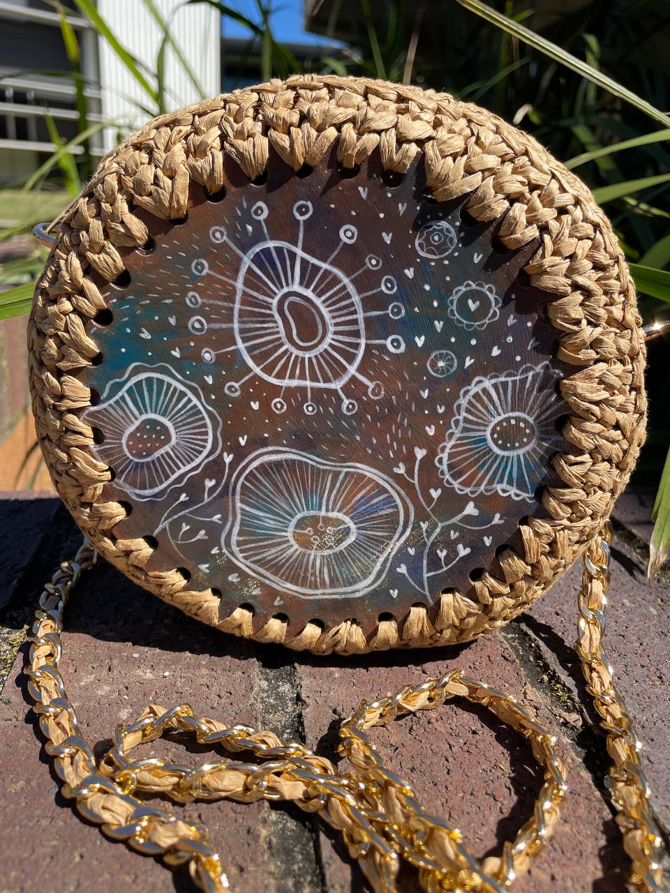 Crochet bag with unique artwork | Round crossbody bag