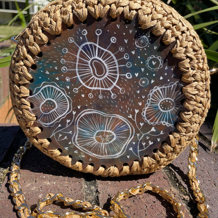 Crochet bag with unique artwork | Round crossbody bag