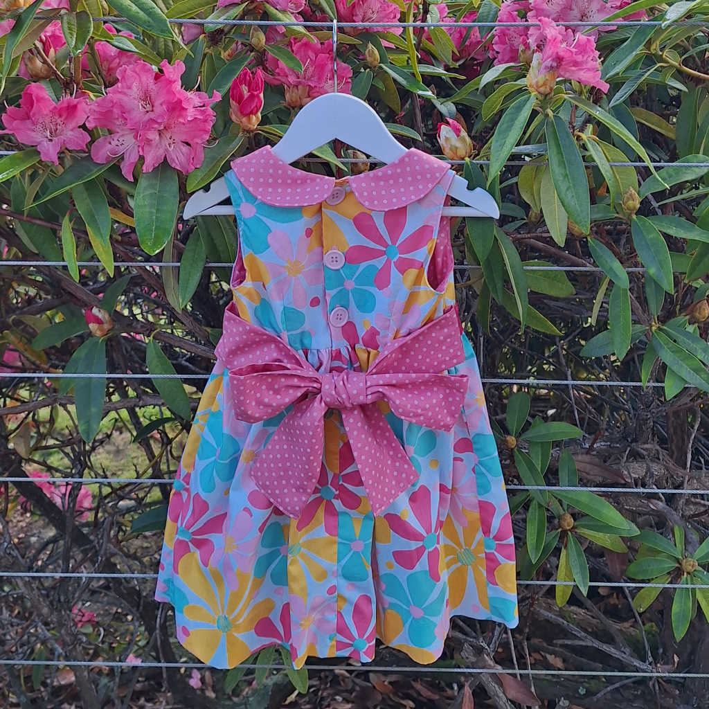 Handmade Girls Floral Dress – Size 2 | Pink, Aqua, Yellow
