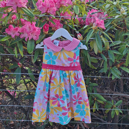 Handmade Girls Floral Dress – Size 2 | Pink, Aqua, Yellow