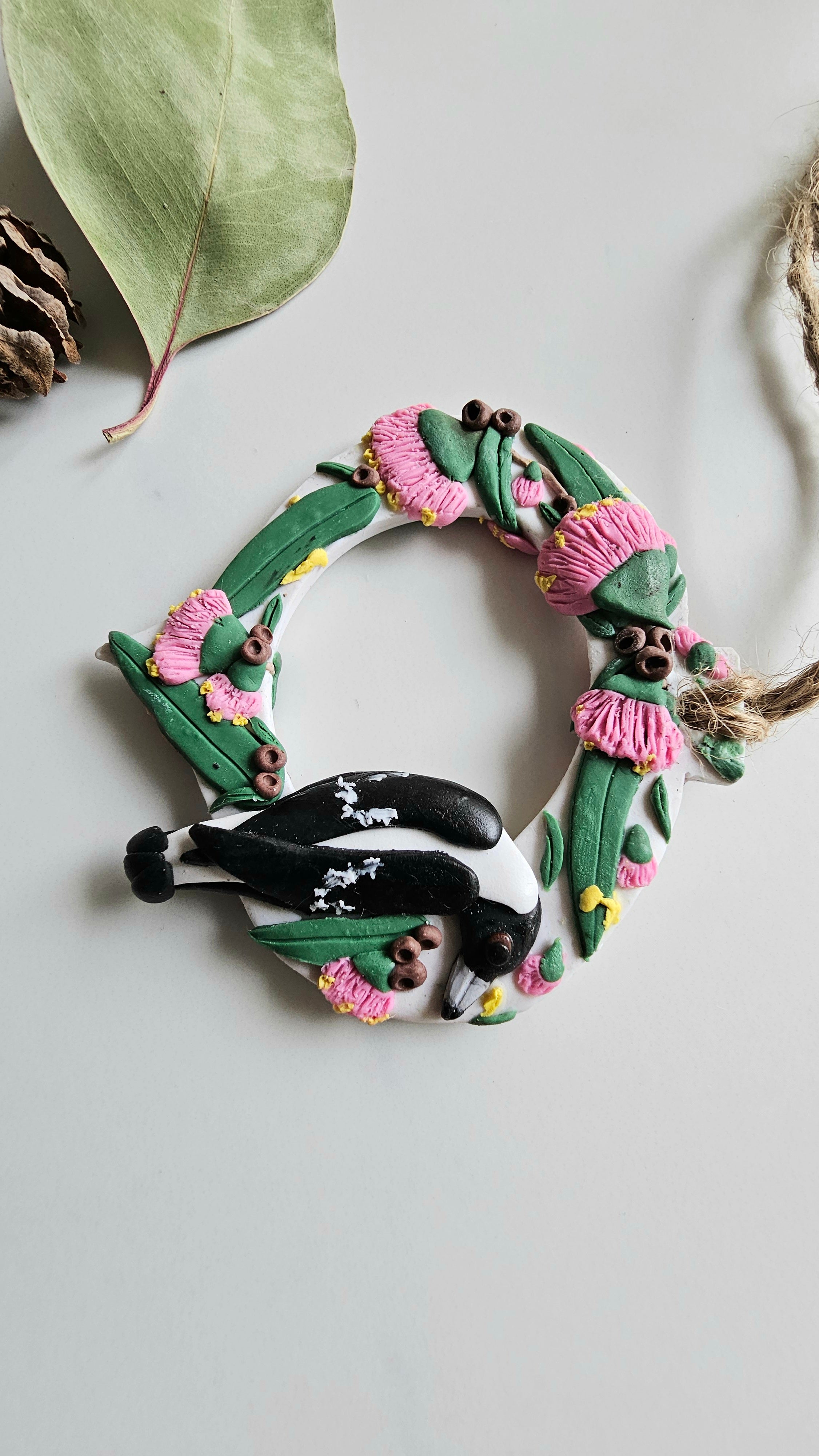 Hand Made Australiana Christmas Magpie, Austtralian Flora Ornament Magpie, Heirloom.