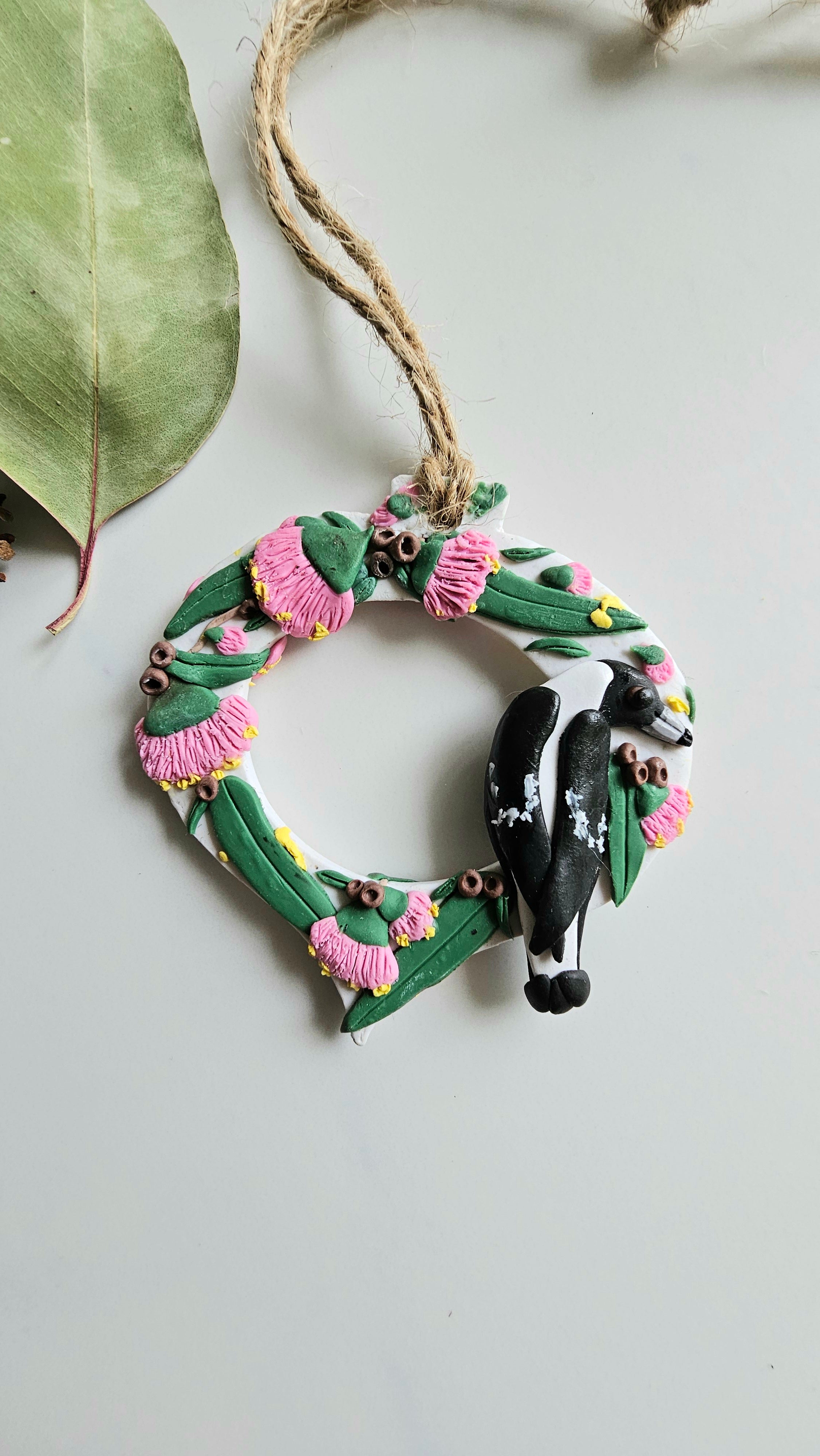 Hand Made Australiana Christmas Magpie, Austtralian Flora Ornament Magpie, Heirloom.