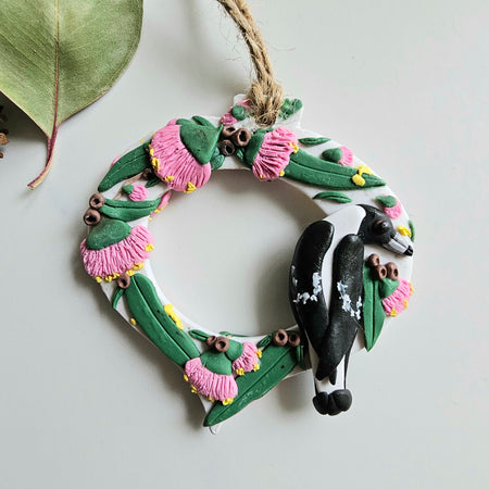 Hand Made Australiana Christmas Magpie, Austtralian Flora Ornament Magpie, Heirloom.