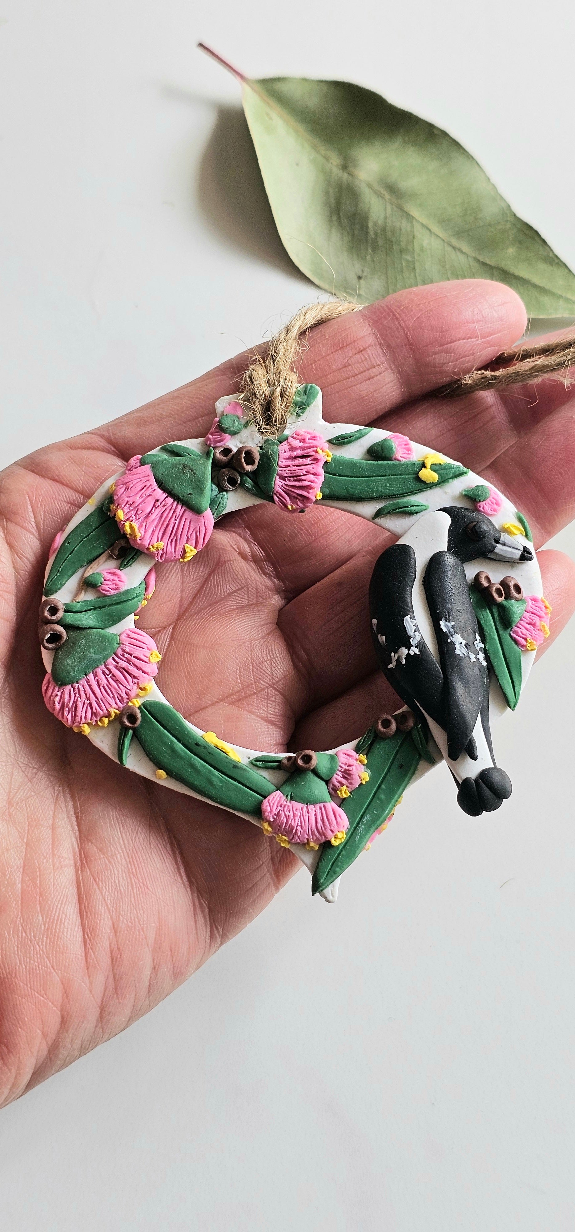 Hand Made Australiana Christmas Magpie, Austtralian Flora Ornament Magpie, Heirloom.