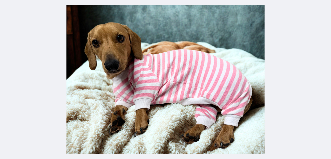 Pyjamas/Pajamas for Dogs. Dachshunds, chihuahua, standard dogs, variety of sizes. Organic ribbing range.