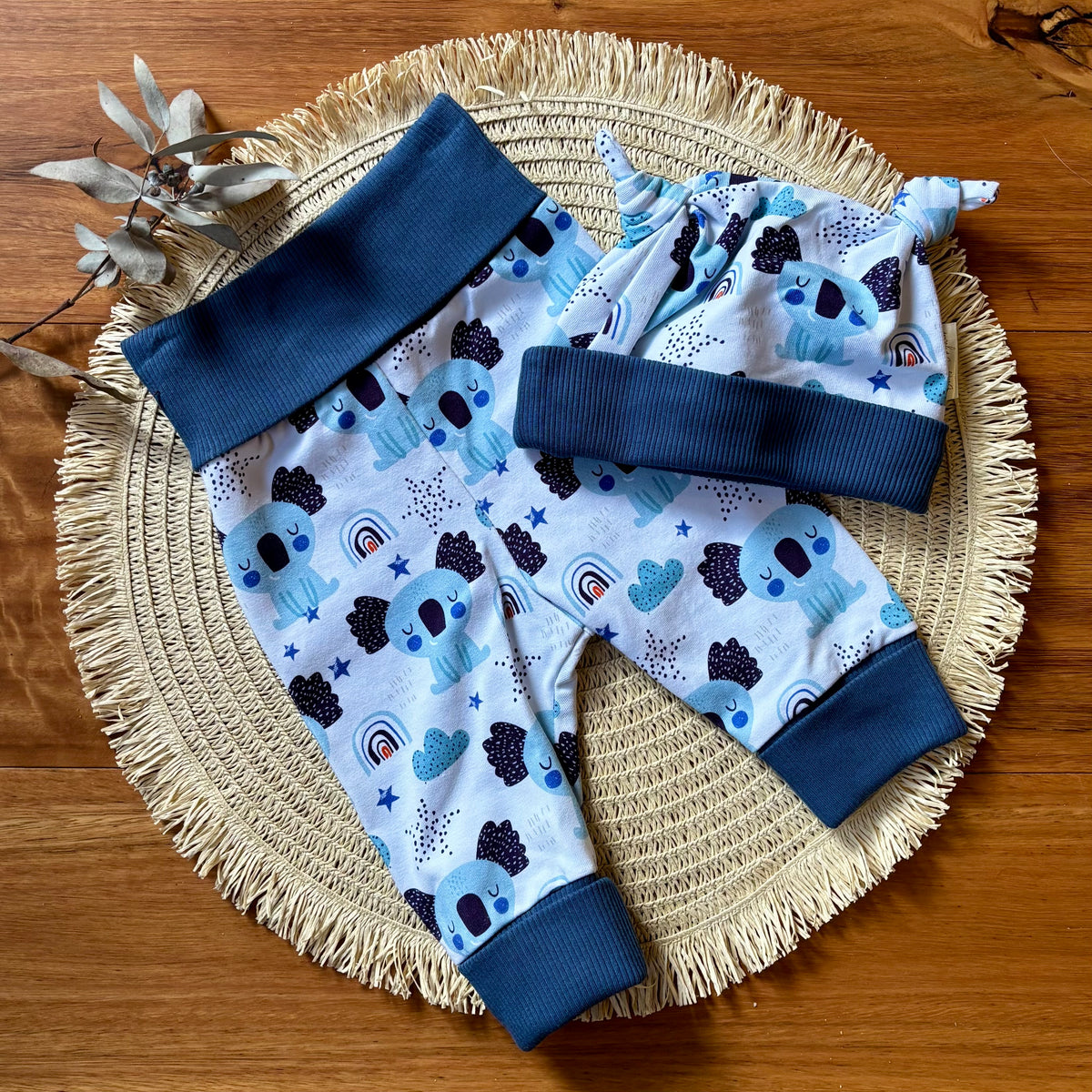 Baby Pants and Hat Set | Blue Koalas | Size newborn to 1 | Made to order