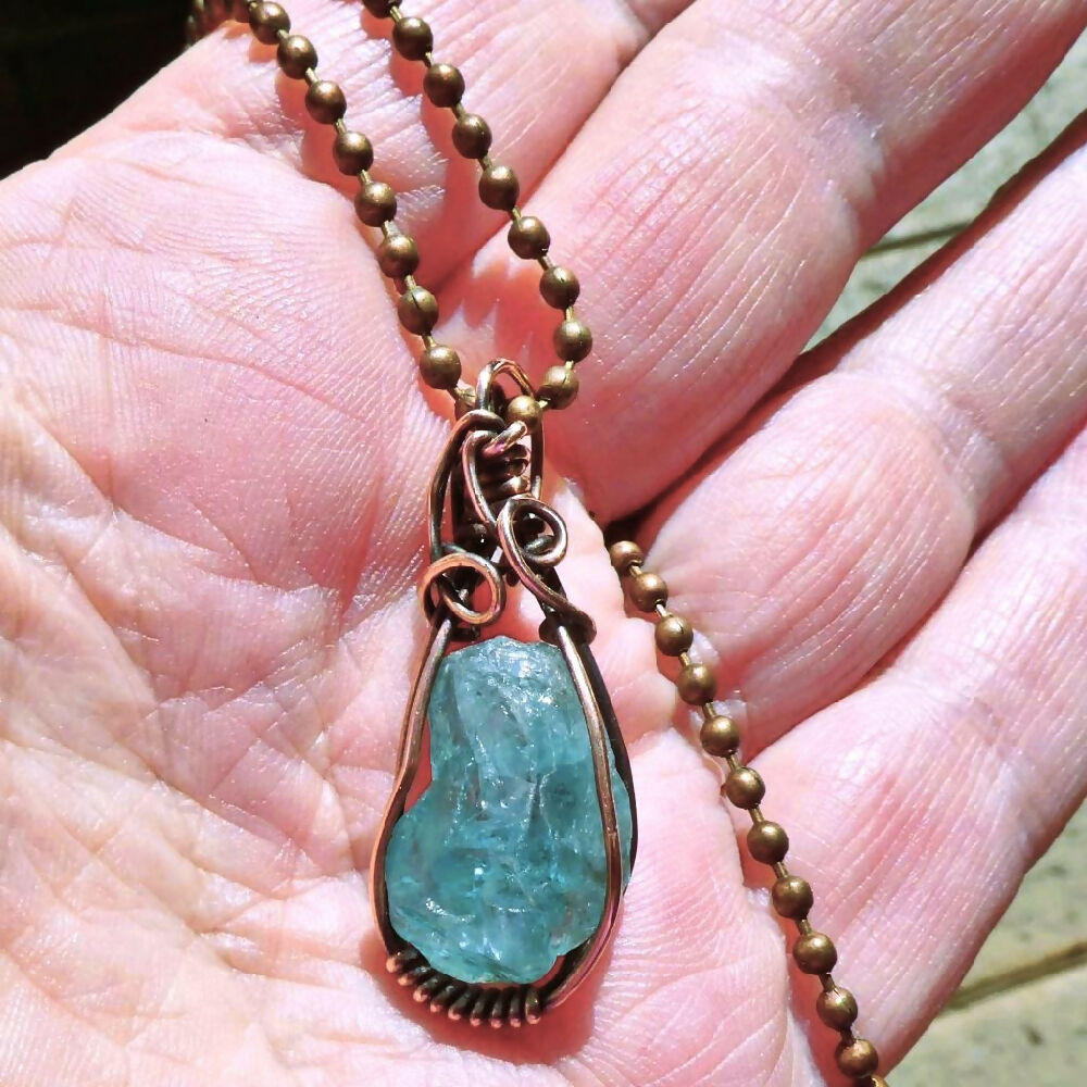 Green Apatite crystal pendant copper wire wrapped