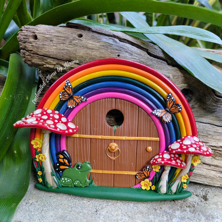 Hand-Sculpted Rainbow Fairy Door with Butterfly-Winged Frog