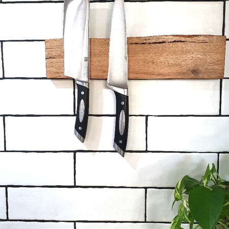 Unique Wall mounted Magnetic Knife Holder, 35cm, Holds 6 knives,Made in Western Australia, Magnificent Marri Timber, Perfect Wedding Present or Anniversary Gift, Natural Edge