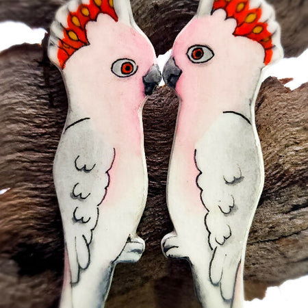 Pink cockatoo bird earrings, handpainted, handcarved