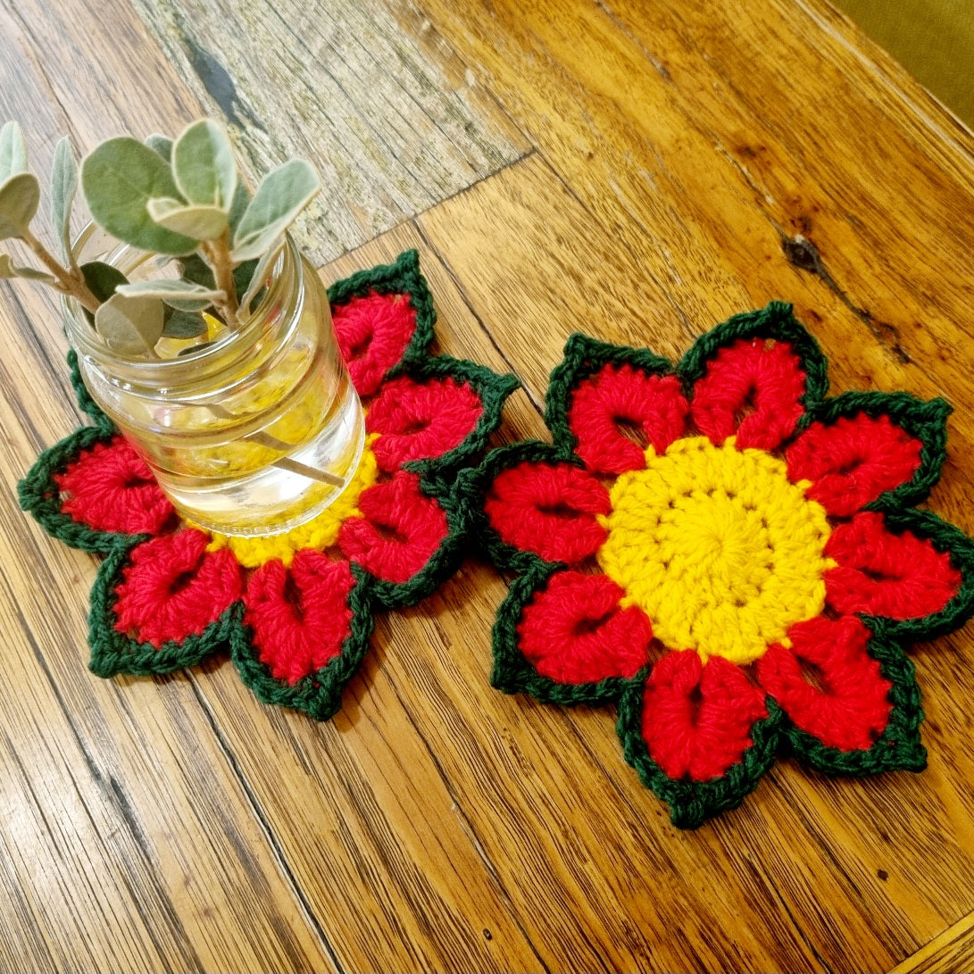 Crochet Coasters - Set of 3| Poinsettia Design | Christmas | Handmade