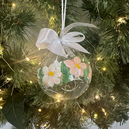 Blown Glass Christmas Bauble Ornament, Hand Painted Peach Daisy, Unique Gift